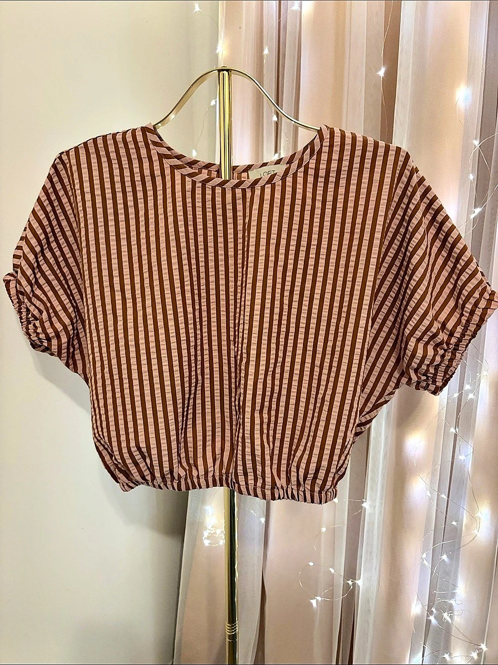 LOFT Striped Poplin Ruched Bubble Shirt Brown & White Top
